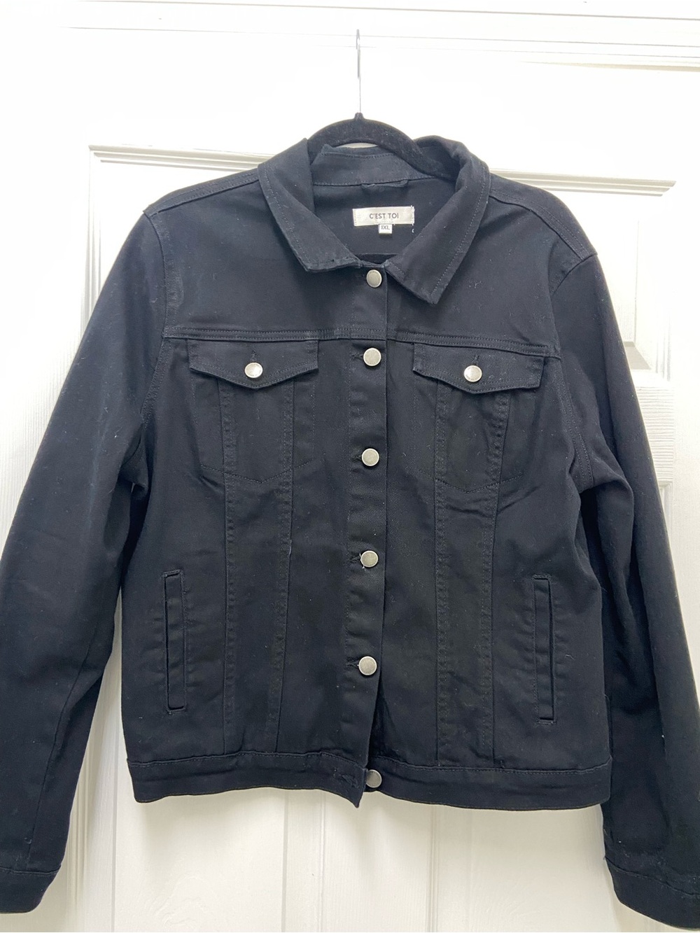 C'est Toi Black Denim Jacket - Classic Button-Front Coat